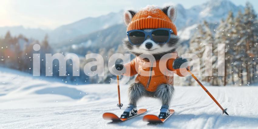 Skiing Hamster in Snowy Mountains. A cute hamster enjoying a winter adventure on skis with a stunning mountain backdrop.