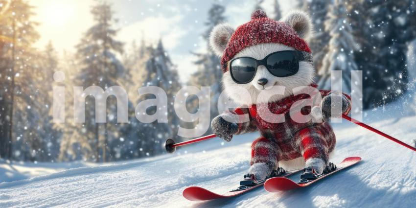 Skiing Hamster in Snowy Mountains. A cute hamster enjoying a winter adventure on skis with a stunning mountain backdrop.