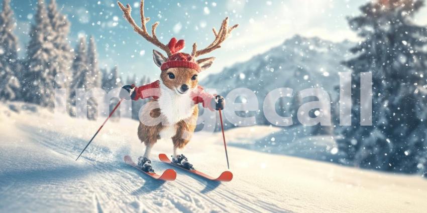 Skiing Hamster in Snowy Mountains. A cute hamster enjoying a winter adventure on skis with a stunning mountain backdrop.