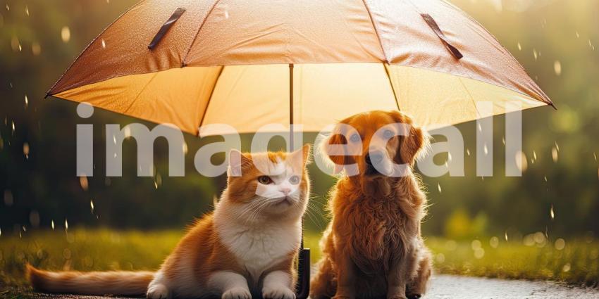 Shelter from the Storm. A cat and dog share a red umbrella in the pouring rain.