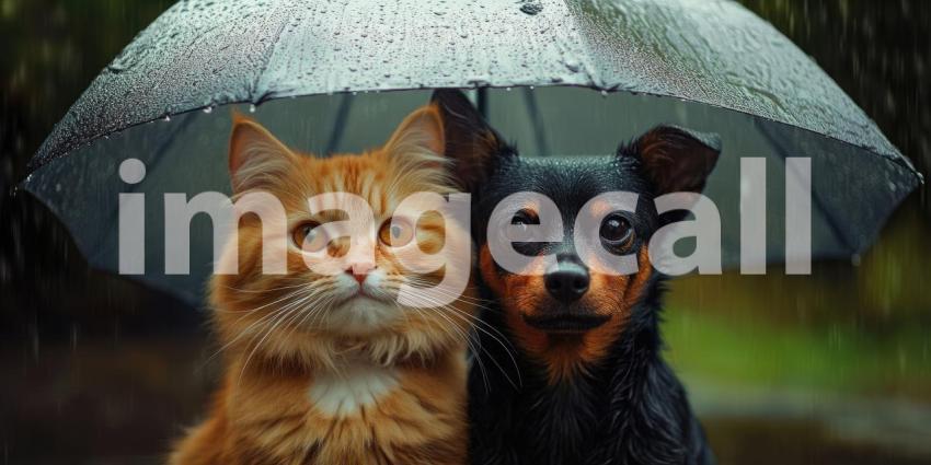 Shelter from the Storm. A cat and dog share a red umbrella in the pouring rain.