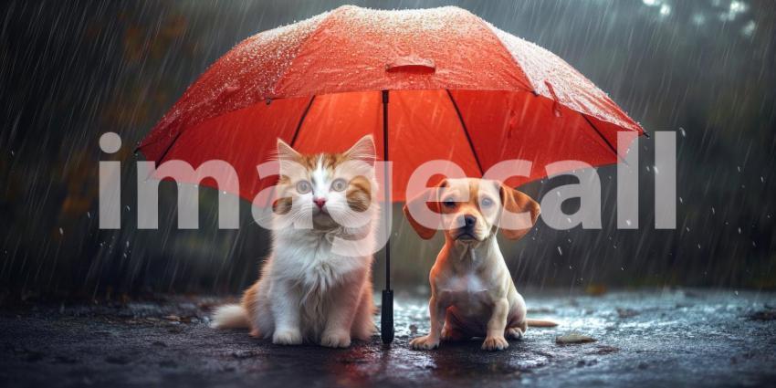 Shelter from the Storm. A cat and dog share a red umbrella in the pouring rain.