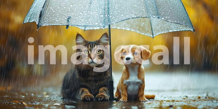 Shelter from the Storm. A cat and dog share a red umbrella in the pouring rain.
