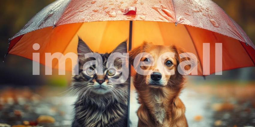 Shelter from the Storm. A cat and dog share a red umbrella in the pouring rain.