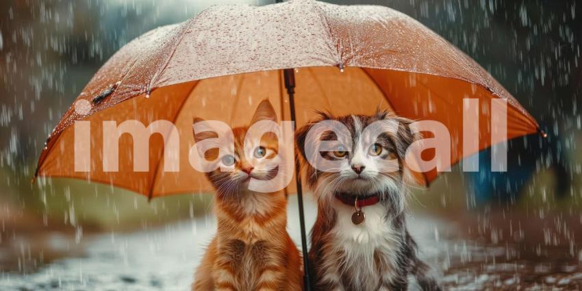 Shelter from the Storm. A cat and dog share a red umbrella in the pouring rain.