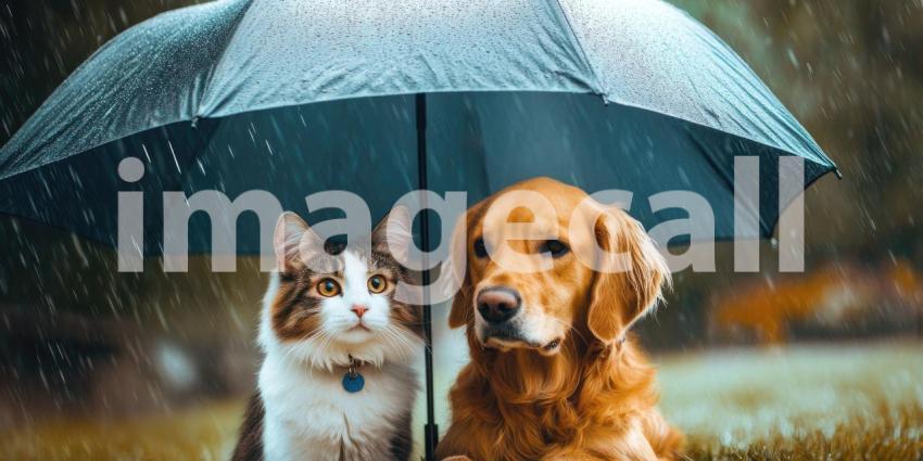 Shelter from the Storm. A cat and dog share a red umbrella in the pouring rain.