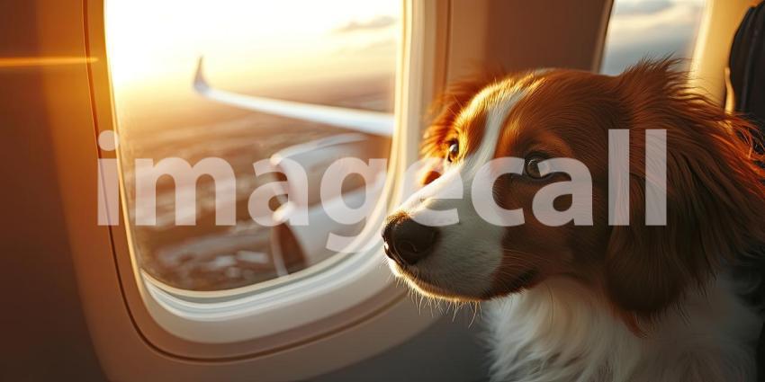 Puppy's First Flight. A curious puppy looks out the airplane window at the passing clouds.