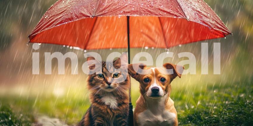 Shelter from the Storm. A cat and dog share a red umbrella in the pouring rain.