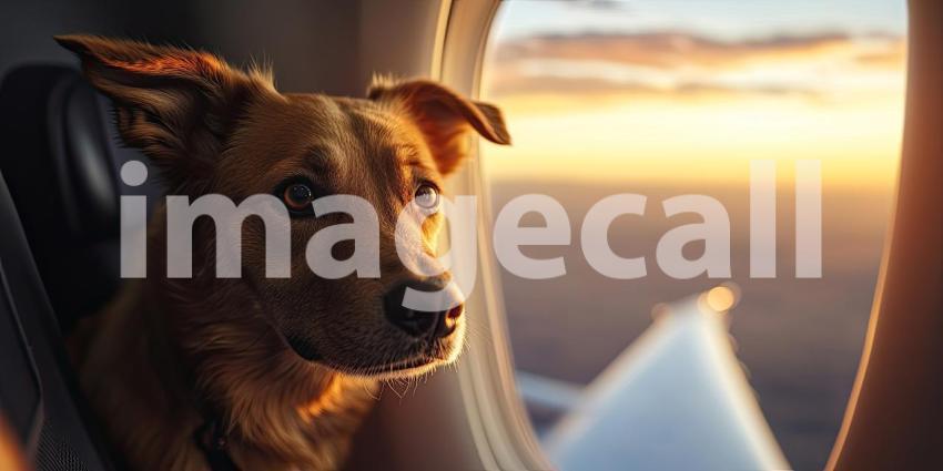 Puppy's First Flight. A curious puppy looks out the airplane window at the passing clouds.