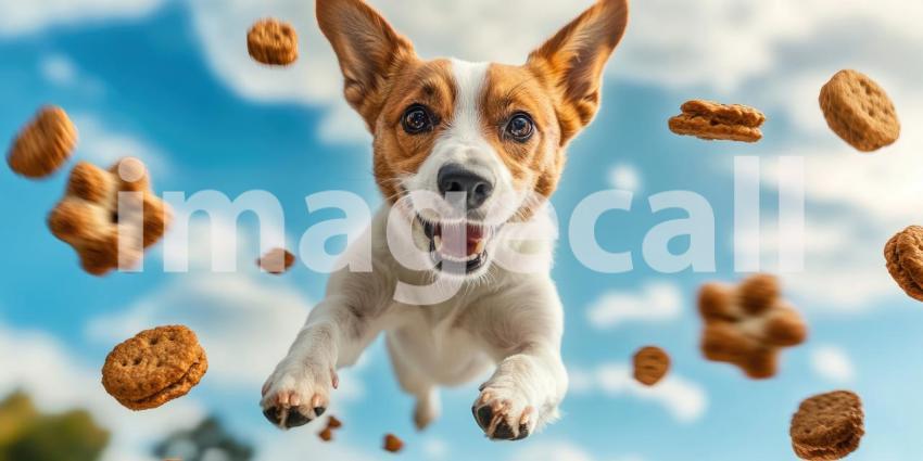 Dog Treat Frenzy. A dog leaps through the air with flying dog biscuits.