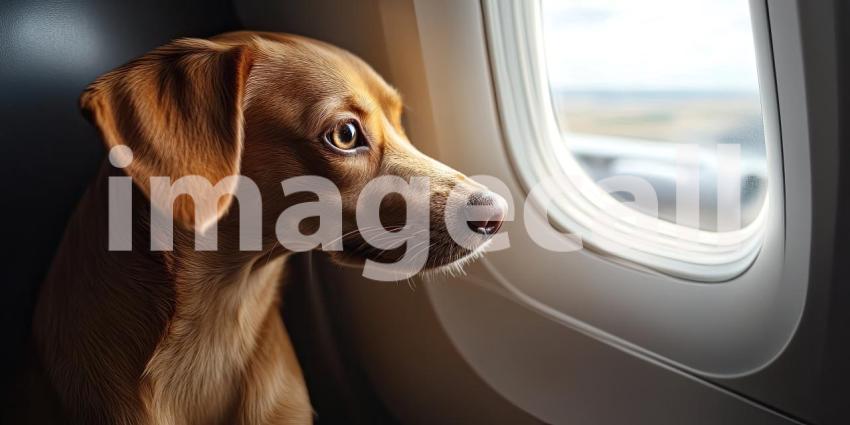 Puppy's First Flight. A curious puppy looks out the airplane window at the passing clouds.