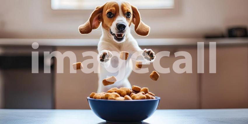 Dog Treat Frenzy. A dog leaps through the air with flying dog biscuits.