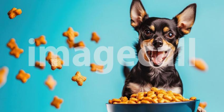 Dog Treat Frenzy. A dog leaps through the air with flying dog biscuits.