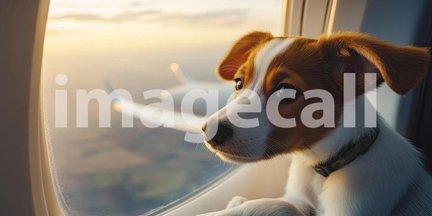 Puppy's First Flight. A curious puppy looks out the airplane window at the passing clouds.