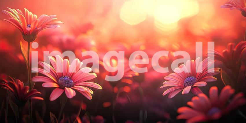 Sunset Daisy Field. A field of pink daisies glowing in the warm light of the setting sun.