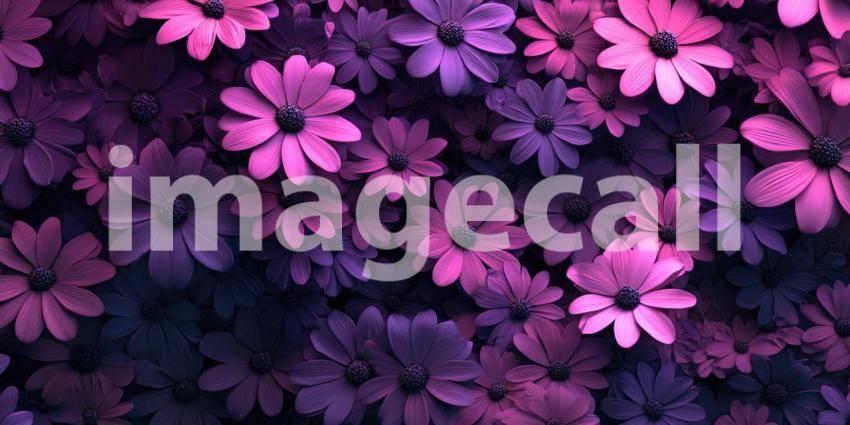 Sunset Daisy Field. A field of pink daisies glowing in the warm light of the setting sun.