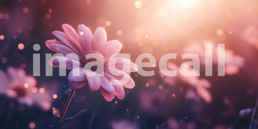Sunset Daisy Field. A field of pink daisies glowing in the warm light of the setting sun.