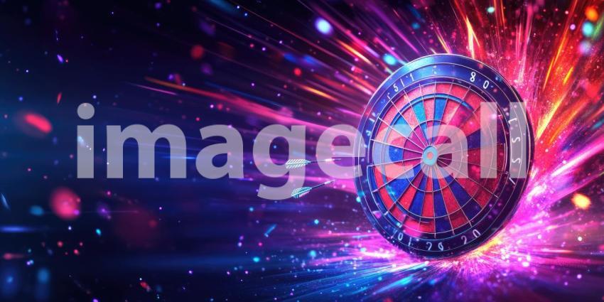 Dynamic Dartboard with Glowing Arrows and Cosmic Background