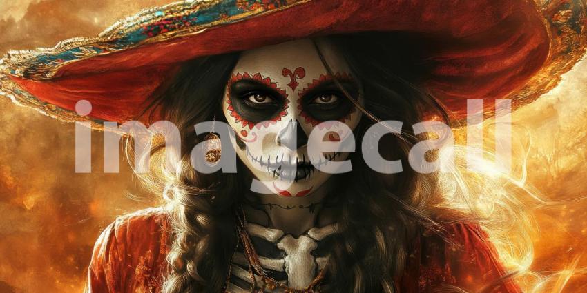 Elegant Portrait: Person with Long, Dark Hair in Ornate Hat and Red Garment Set Against a Fiery Background