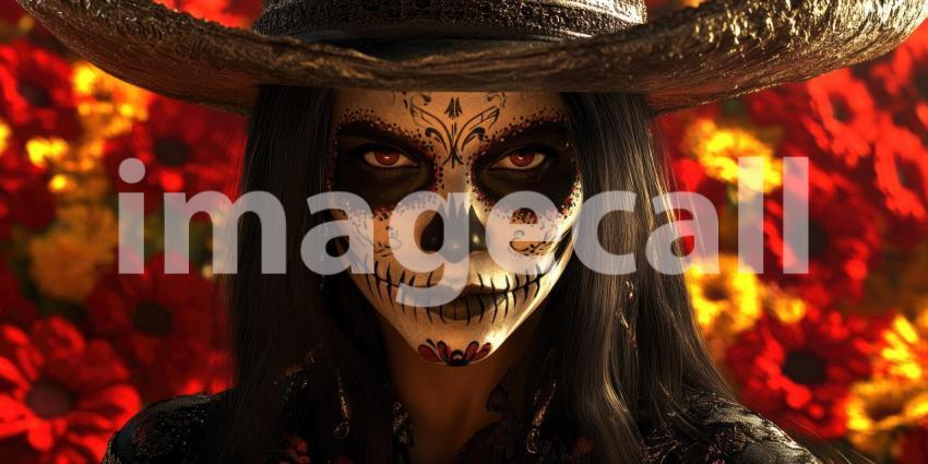 Elegant Portrait: Person with Long, Dark Hair in Ornate Hat and Red Garment Set Against a Fiery Background