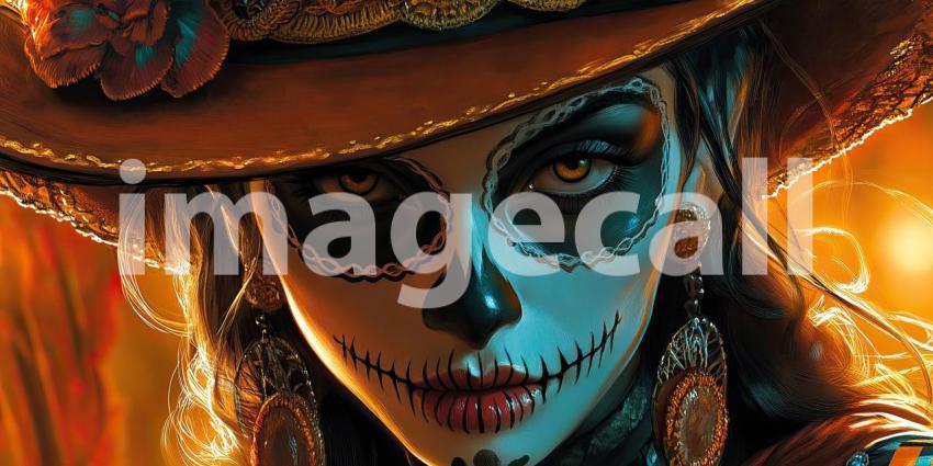 Elegant Portrait: Person with Long, Dark Hair in Ornate Hat and Red Garment Set Against a Fiery Background