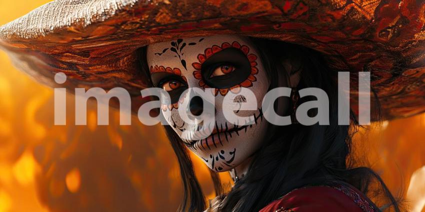 Elegant Portrait: Person with Long, Dark Hair in Ornate Hat and Red Garment Set Against a Fiery Background