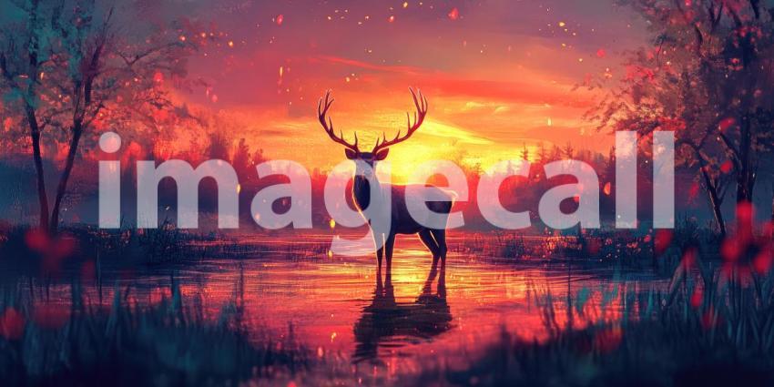 Serene Mountain Landscape with Deer by a Crystal-Clear Lake