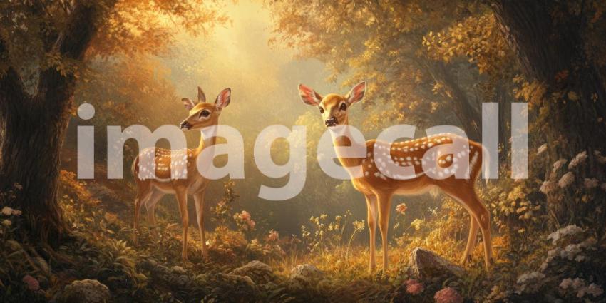 Serene Mountain Landscape with Deer by a Crystal-Clear Lake