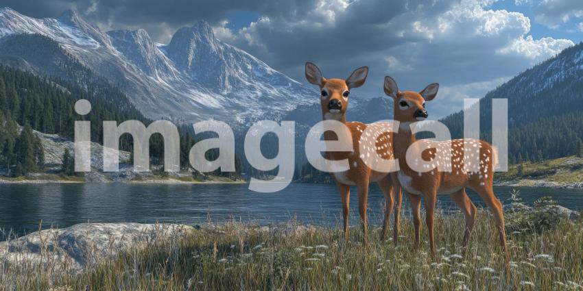 Serene Mountain Landscape with Deer by a Crystal-Clear Lake