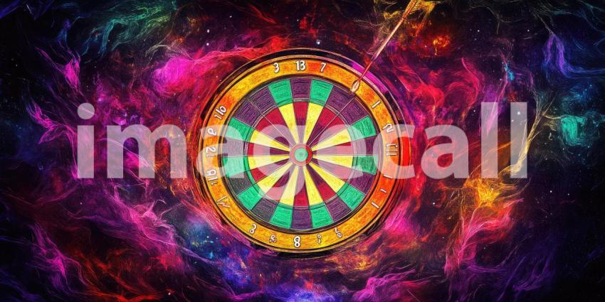 Dynamic Dartboard with Glowing Arrows and Cosmic Background