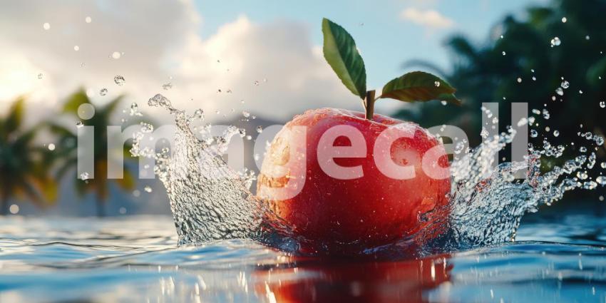 Splashing Red Apple in Tropical Paradise
