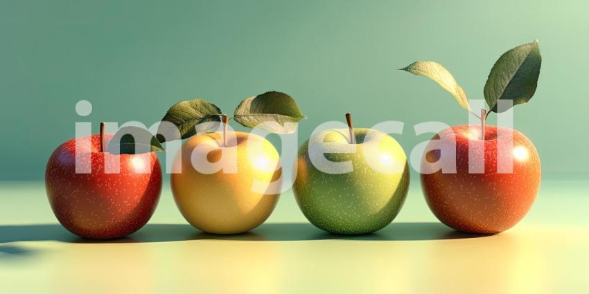 Row of Ripe Apples with Fresh Green Leaves