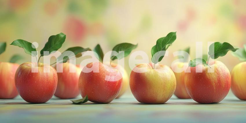 Row of Ripe Apples with Fresh Green Leaves