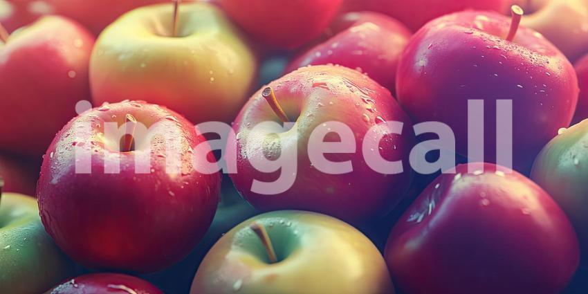 Row of Ripe Apples with Fresh Green Leaves