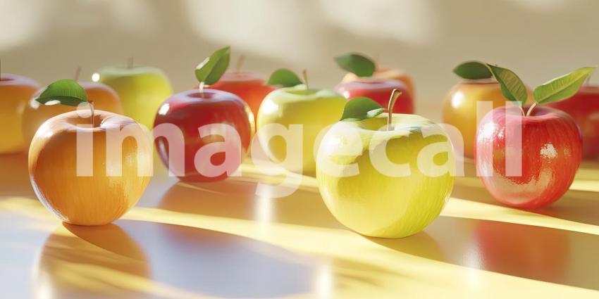 Row of Ripe Apples with Fresh Green Leaves