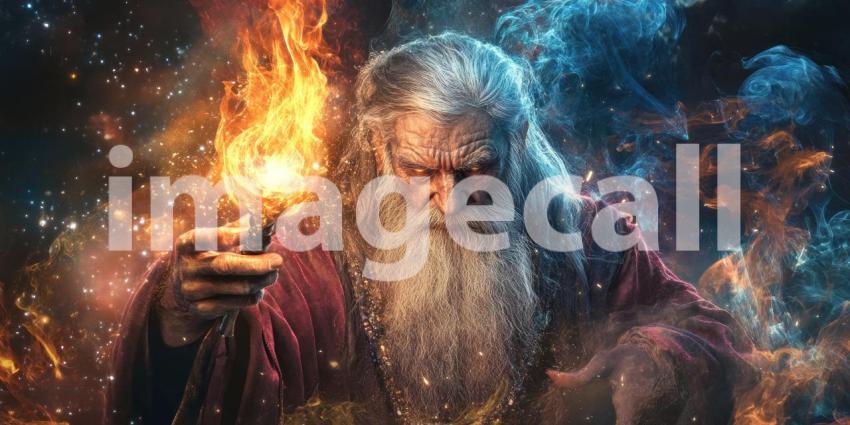 Dark Sorcerer: Figure in Tattered Robe with Flowing Beard and Pointed Hat, Casting a Fiery Spell in a Smoky, Mystical Atmosphere