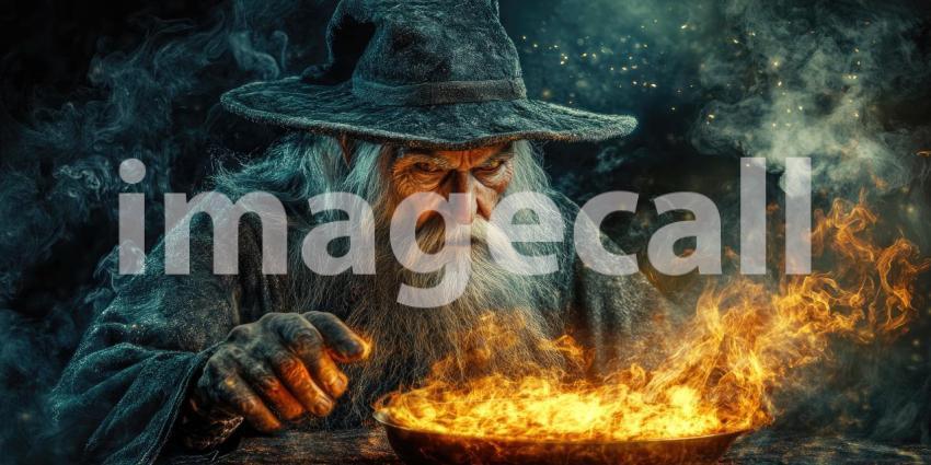 Dark Sorcerer: Figure in Tattered Robe with Flowing Beard and Pointed Hat, Casting a Fiery Spell in a Smoky, Mystical Atmosphere