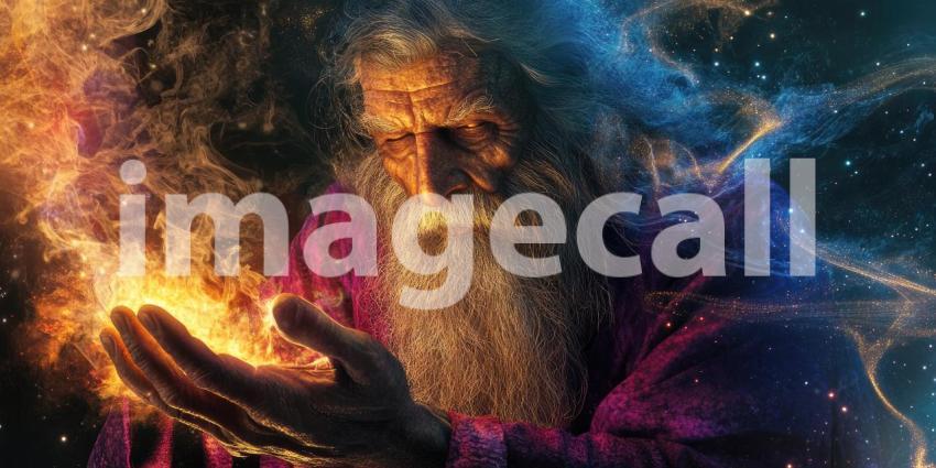 Dark Sorcerer: Figure in Tattered Robe with Flowing Beard and Pointed Hat, Casting a Fiery Spell in a Smoky, Mystical Atmosphere