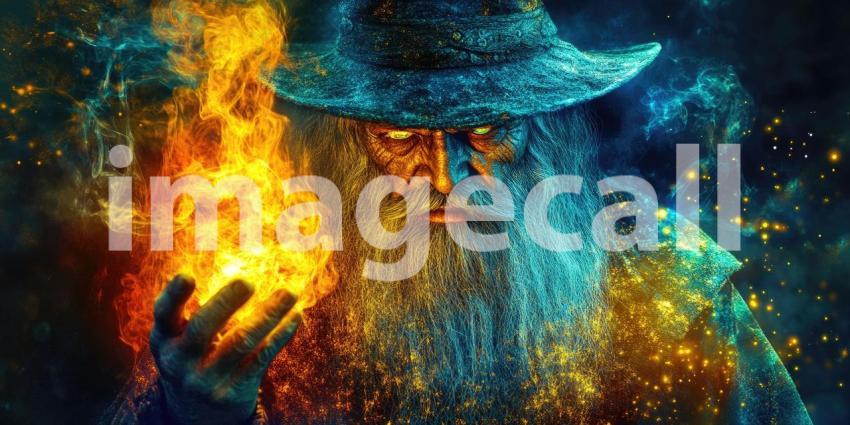 Dark Sorcerer: Figure in Tattered Robe with Flowing Beard and Pointed Hat, Casting a Fiery Spell in a Smoky, Mystical Atmosphere