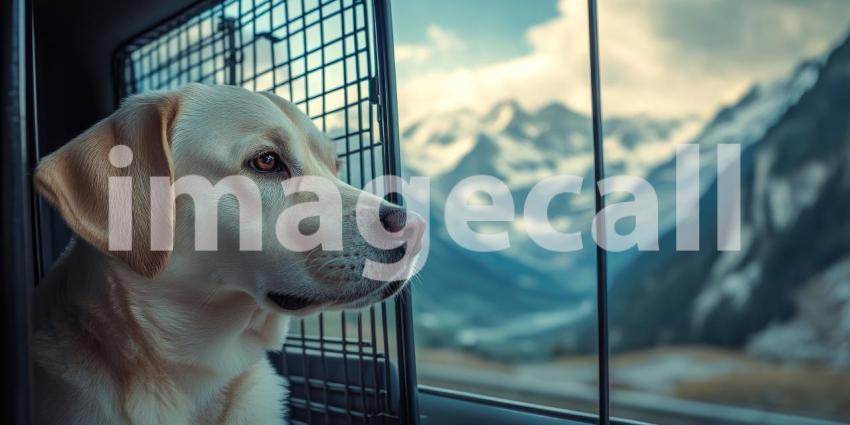 Golden Retriever Gazing Out Car Window at Majestic Mountain Range