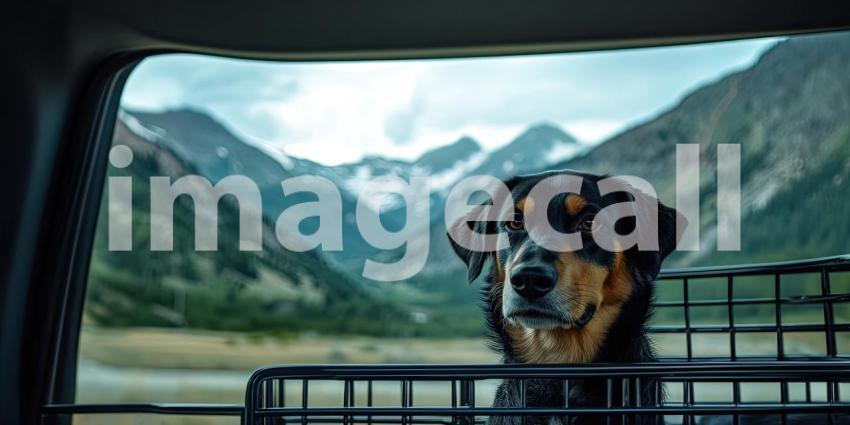 Golden Retriever Gazing Out Car Window at Majestic Mountain Range