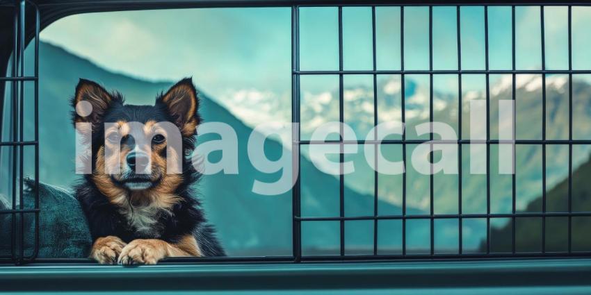 Golden Retriever Gazing Out Car Window at Majestic Mountain Range