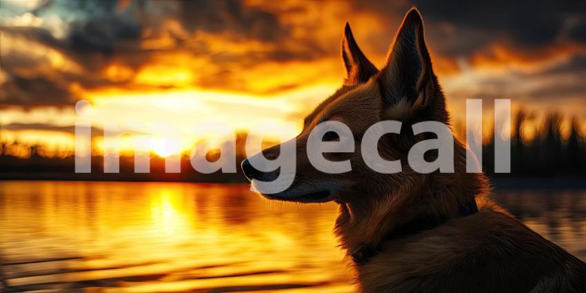 German Shepherd Silhouetted Against a Vibrant Sunset