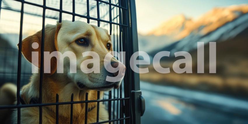 Golden Retriever Gazing Out Car Window at Majestic Mountain Range