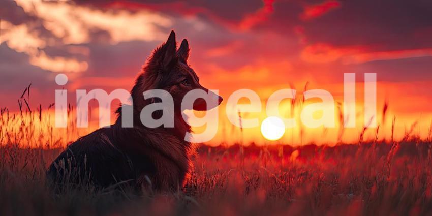 German Shepherd Silhouetted Against a Vibrant Sunset
