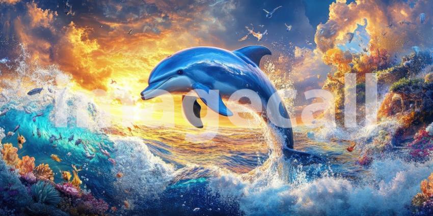 Enchanting Duo: Dolphins frolicking in a Dreamy Lagoon