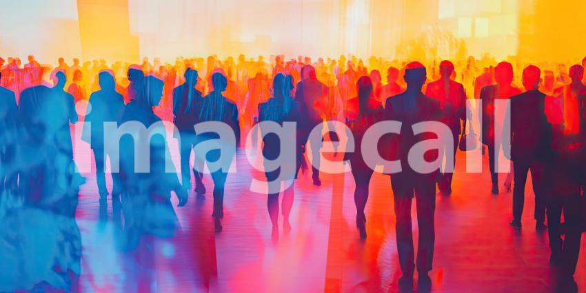 Vibrant Urban Scene: People Walking on a Street at Sunrise/Sunset with Dramatic Shadows and Reflections