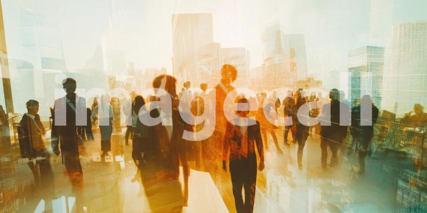 Vibrant Urban Scene: People Walking on a Street at Sunrise/Sunset with Dramatic Shadows and Reflections