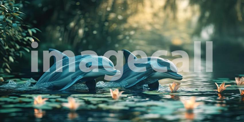 Enchanting Duo: Dolphins frolicking in a Dreamy Lagoon