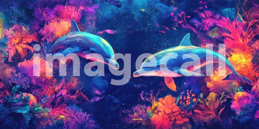 Enchanting Duo: Dolphins frolicking in a Dreamy Lagoon